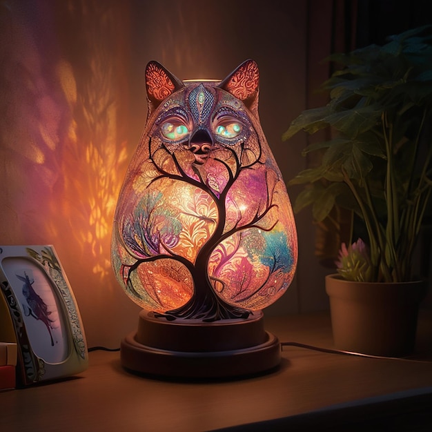 Photo a cat lamp with a tree painted on it