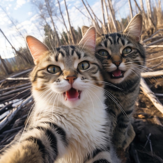 cat laughing while taking selfie photo with his best friend kitty