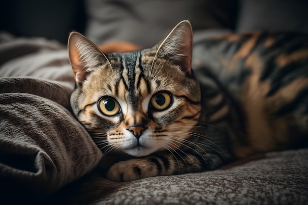 A cat laying on a bed with a brown and black striped cat on the bed.