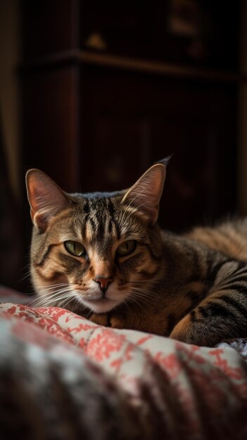 A cat laying on a bed with a red and white blanket.