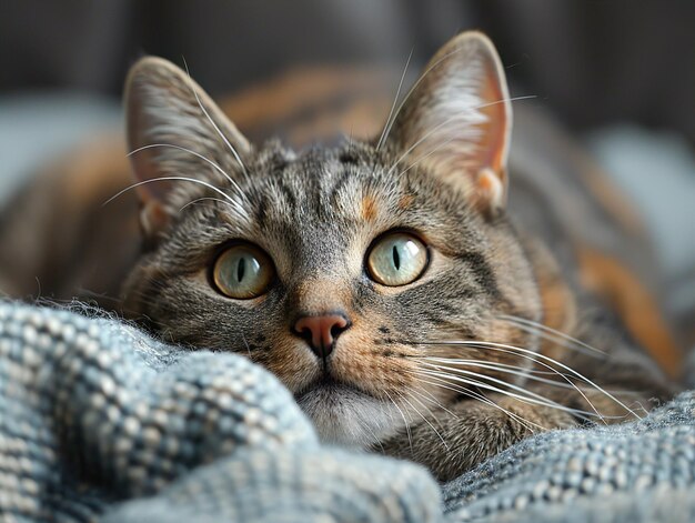 a cat laying on a blanket with a blue and white checkered blanket