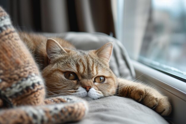 a cat laying on a blanket with a window behind it