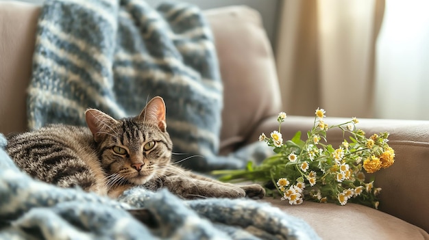 a cat laying on a couch with a blanket that says quot the name quot on it