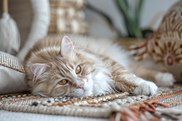 Photo a cat laying on a couch with a wicker basket behind it