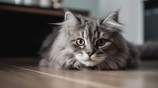 A cat laying on the floor with a black background