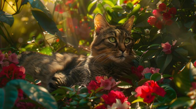 Photo a cat laying in a garden with flowers and a cat laying on the ground