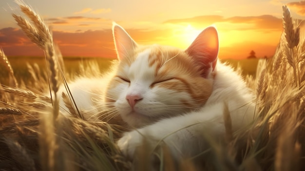 A cat laying in the grass in front of a sunset