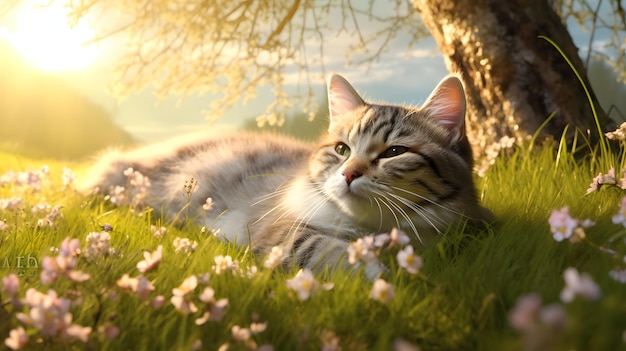 A cat laying in the grass in front of a sunset