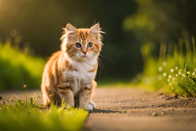 A cat laying in the grass in front of a sunset