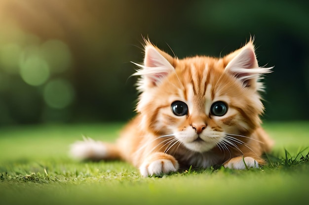 A cat laying on the grass with its ears perked up.