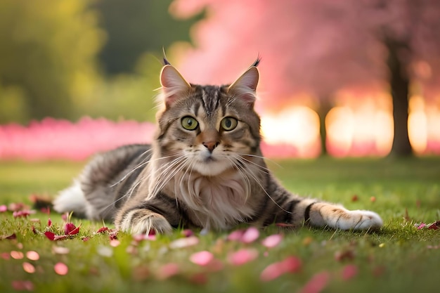 A cat laying in the grass with a pink flower in the background