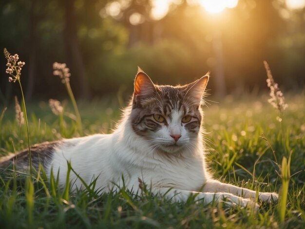 a cat laying in the grass with the sun behind it