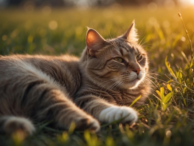 a cat laying in the grass with the sun shining behind him