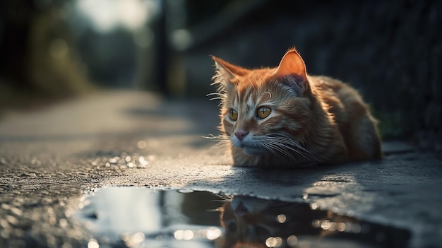 A cat laying in a puddle looking at the camera