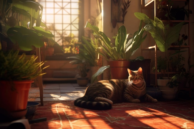 A cat laying on a red rug in front of a window with plants in the background.