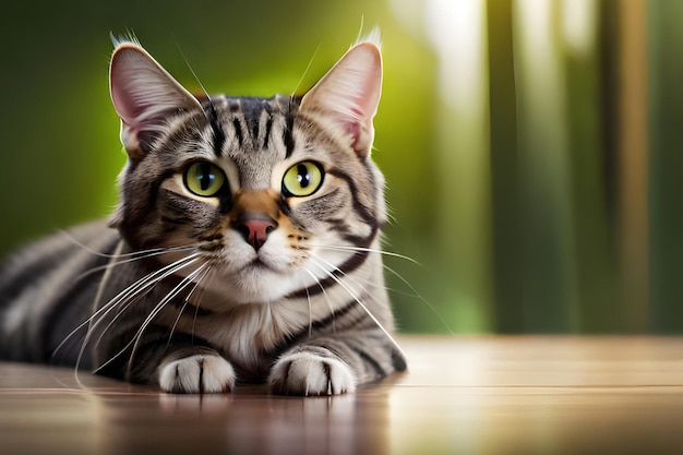 A cat laying on a table with a green background