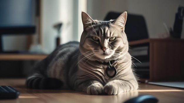 A cat laying on a table with a mouse on it