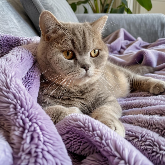 Photo cat laying on top of a purple blanket