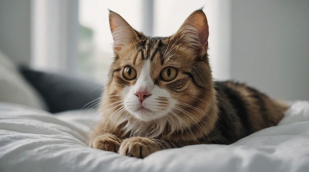 a cat laying on a white bed with a window behind it