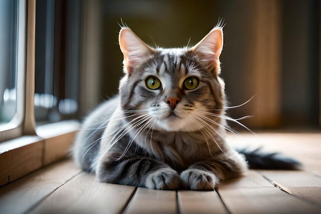 A cat laying on a wooden floor