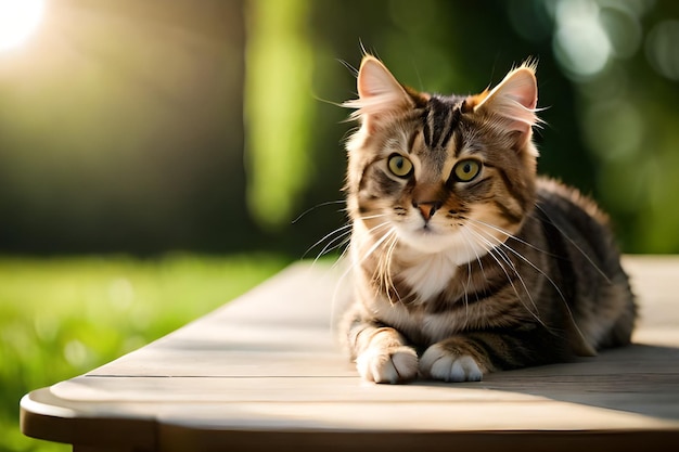 A cat laying on a wooden table in the garden