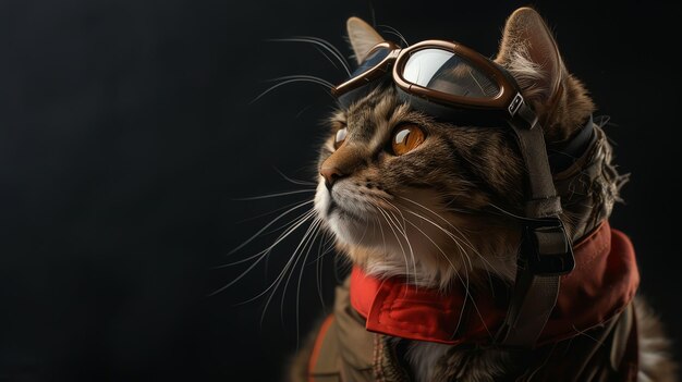 A cat in a leather jacket and goggles looks off to the side