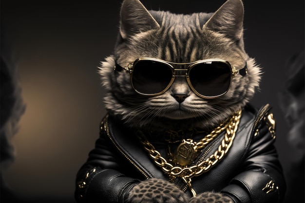 A cat in a leather jacket and gold sunglasses