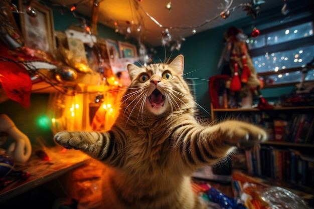 A cat left alone at home wreaks havoc in a room decorated for christmas