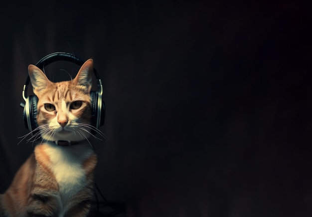 Cat listening a music little kitten listens to music in earphones and sing