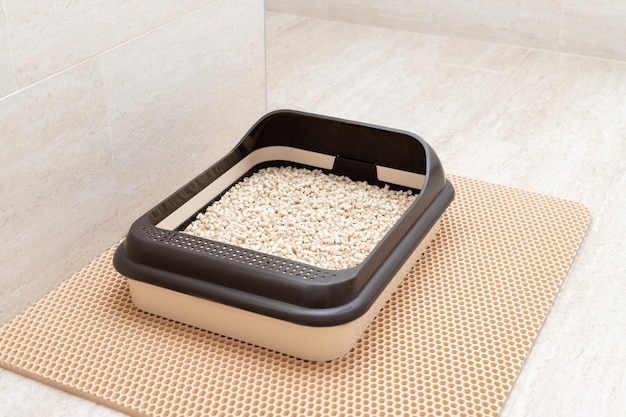 Cat litter box with wooden pellets on tiled floor Pet care hygiene concept