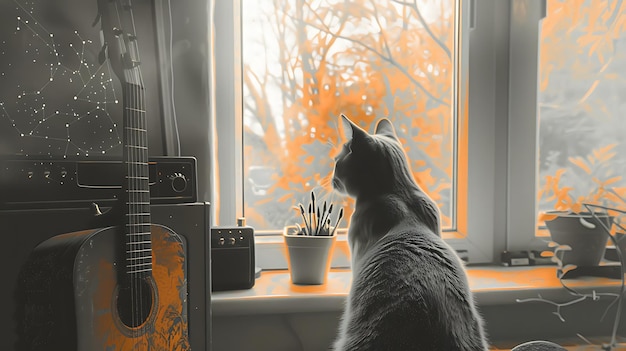 Photo a cat looking out the window in a cozy room with a guitar