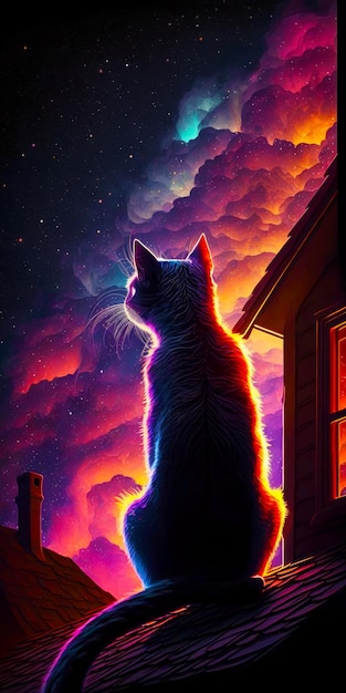 Cat looking out window at the sky and stars Generative AI