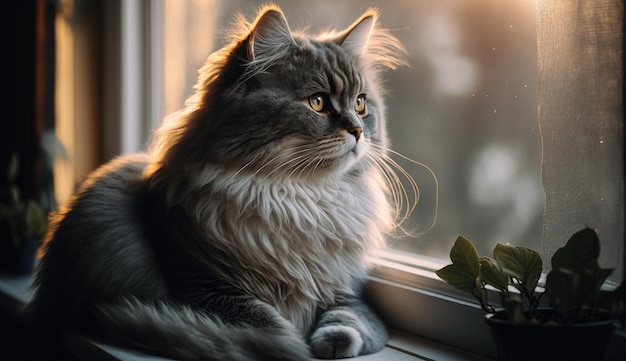 A cat looking out of a window at sunset