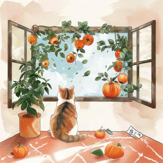 Photo a cat looking out a window with pumpkins on the window sill