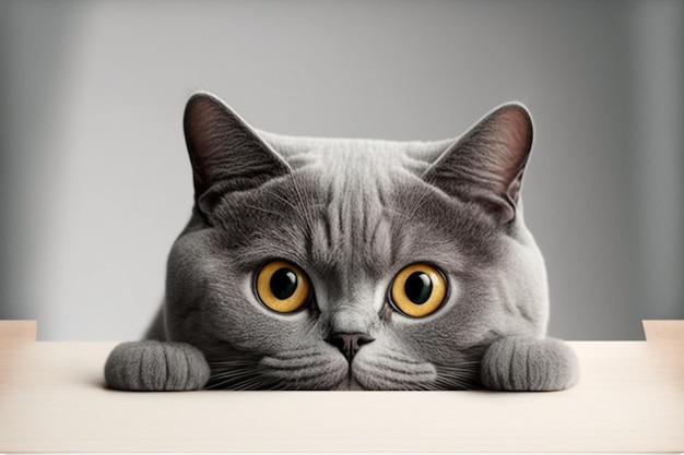 A cat looking over a table with a grey background.