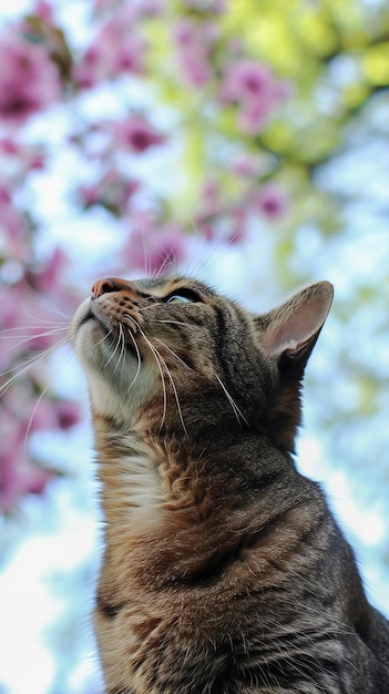 A cat looking up at the sky with pink flowers