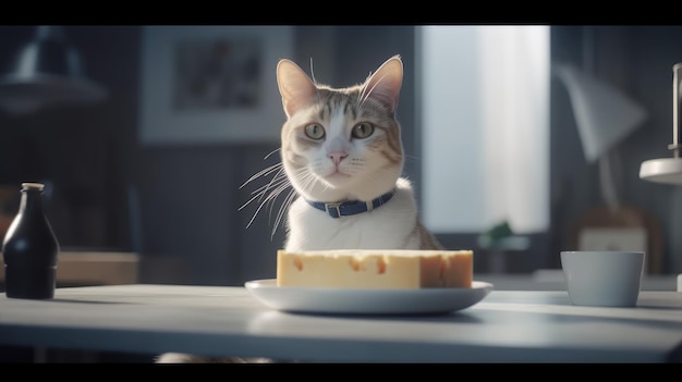 A cat looks at a piece of cheese.