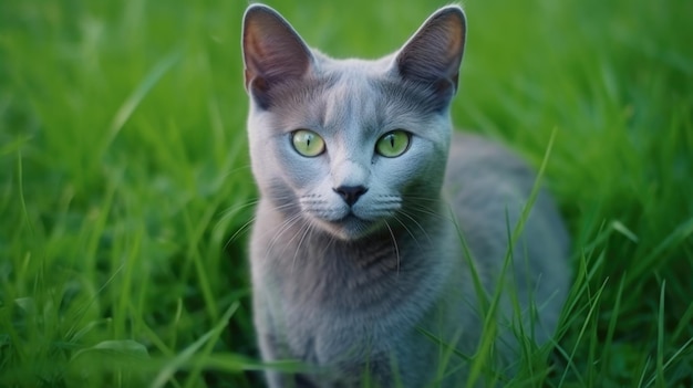 The cat looks to the side and sits on a green lawn