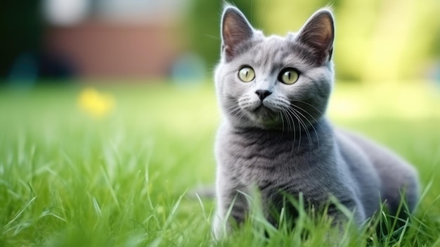 The cat looks to the side and sits on a green lawn