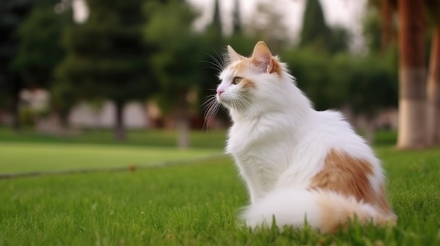 The cat looks to the side and sits on a green lawn