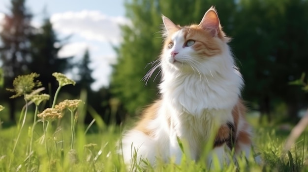 The cat looks to the side and sits on a green lawn