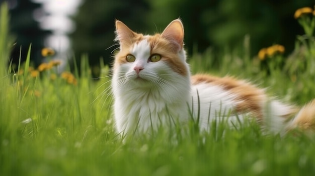 The cat looks to the side and sits on a green lawn