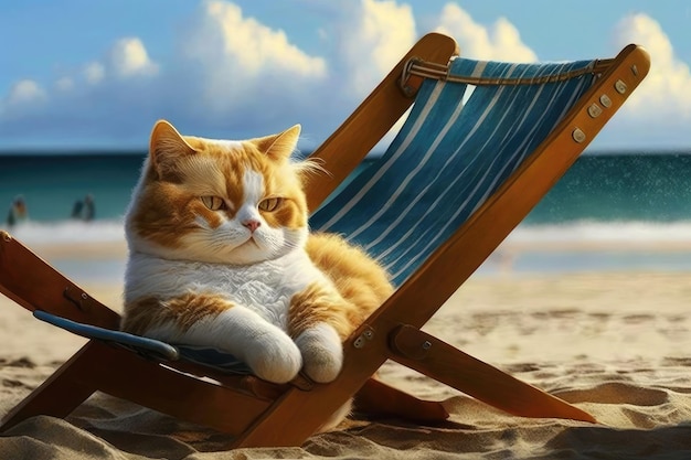 Cat in a lounger on the beach ai generative