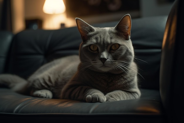 A cat lounges on a plush couch in a cozy living room basking in the soft natural light that illuminates the space Generative AI