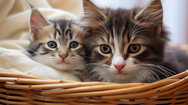 Cat Lounging in Basket with Kittens