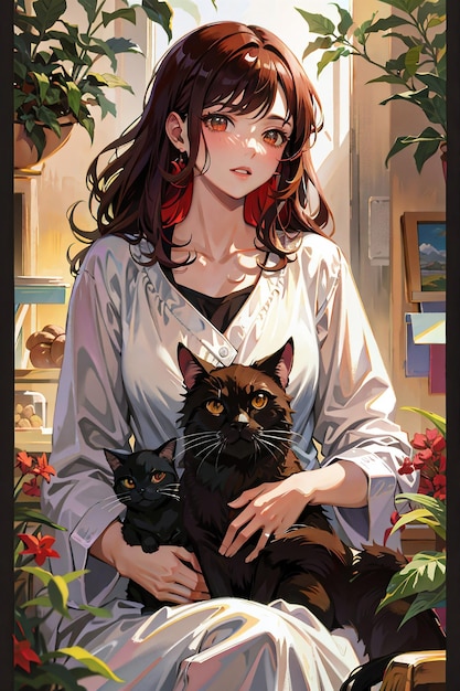 cat lover girl anime style illustration