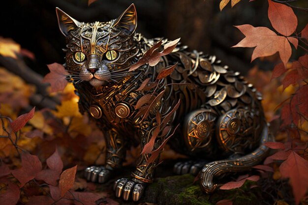 A cat made of metal and gold leaves