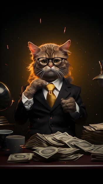 a cat mafia boss surrounded by a lot of money