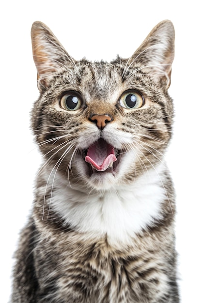 A cat making a funny face with its tongue out isolated on a white background