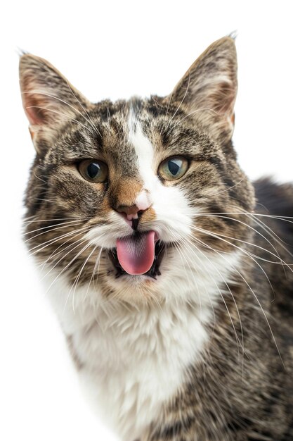 A cat making a funny face with its tongue out isolated on a white background